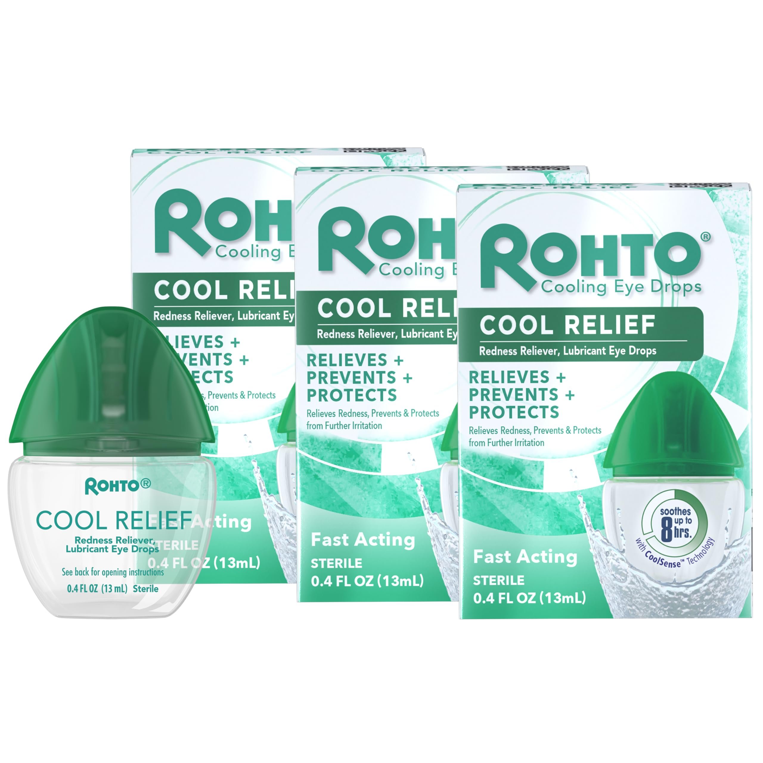 Rohto Cool Relief, Redness Reliever Lubricant Eye Drops, Relieves Redness, Prevents and Protects Further Irritation, Cools and Soothes Red, Dry, Itchy Eyes, Fast-Acting Formula, 0.4 fl oz (Pack of 3) - Product Image