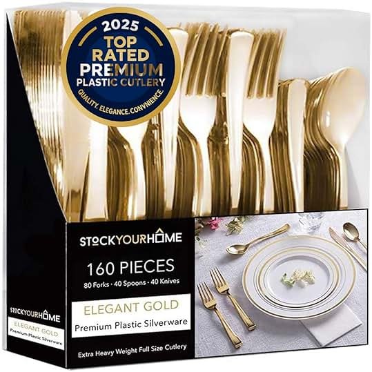 Gold Plastic Silverware Set (160 Bulk Pack) Disposable Cutlery Utensils, 80 Gold Forks, 40 Gold Knives, 40 Gold Spoons, Heavy Duty Flatware For Holidays, Parties, Dinners, Weddings, and Occasions - Product Image