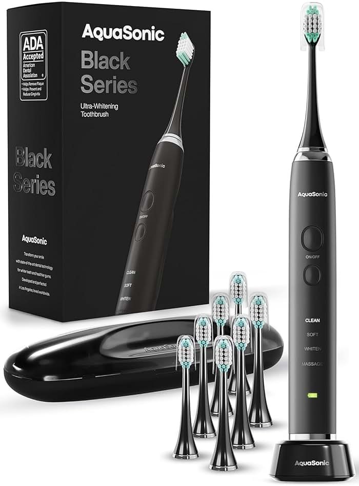 Aquasonic Black Series Ultra Whitening Toothbrush – ADA Accepted Electric Toothbrush- 8 Brush Heads & Travel Case – 40,000 VPM Electric Motor & Wireless Charging - 4 Modes w Smart Timer - Product Image