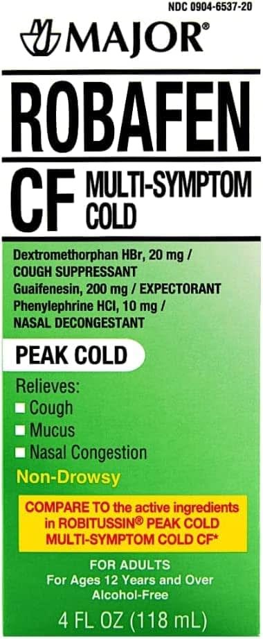 MAJOR Robafen CF Multi-Symptom Peak Cold Cough Syrup for Congestion and Mucus Relief, Alcohol-Free, Non-Drowsy - 4 fl oz (1 Pack) - Product Image