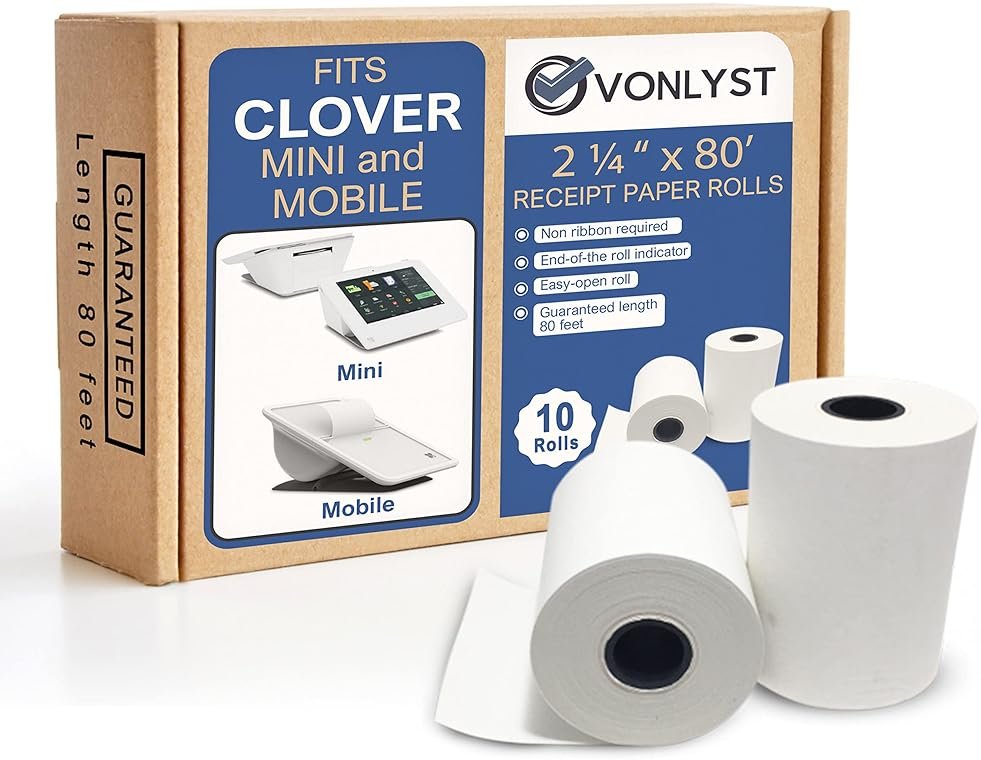Vonlyst Thermal Receipt Paper Rolls for Clover Mini & Clover Mobile – 2 1/4” x 80’ BPA Free Credit Card Machine Paper Compatible with C200 C300 C301 C302 C302U C305 – POS Printer Paper, 10 Rolls - Product Image