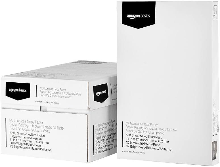 Amazon Basics Multipurpose Copy Printer Paper, 20 lb, 11 x 17 Inches, 5 Reams (2,500 Sheets), 92 Bright White - Product Image