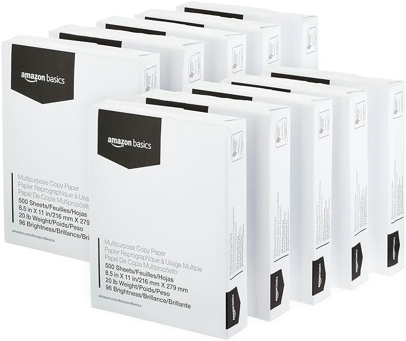 Amazon Basics Multipurpose Copy Printer Paper, 8.5 x 11 Inches, 20 lb, 96 Bright, White, 10 Ream (5,000 Sheets) - Product Image