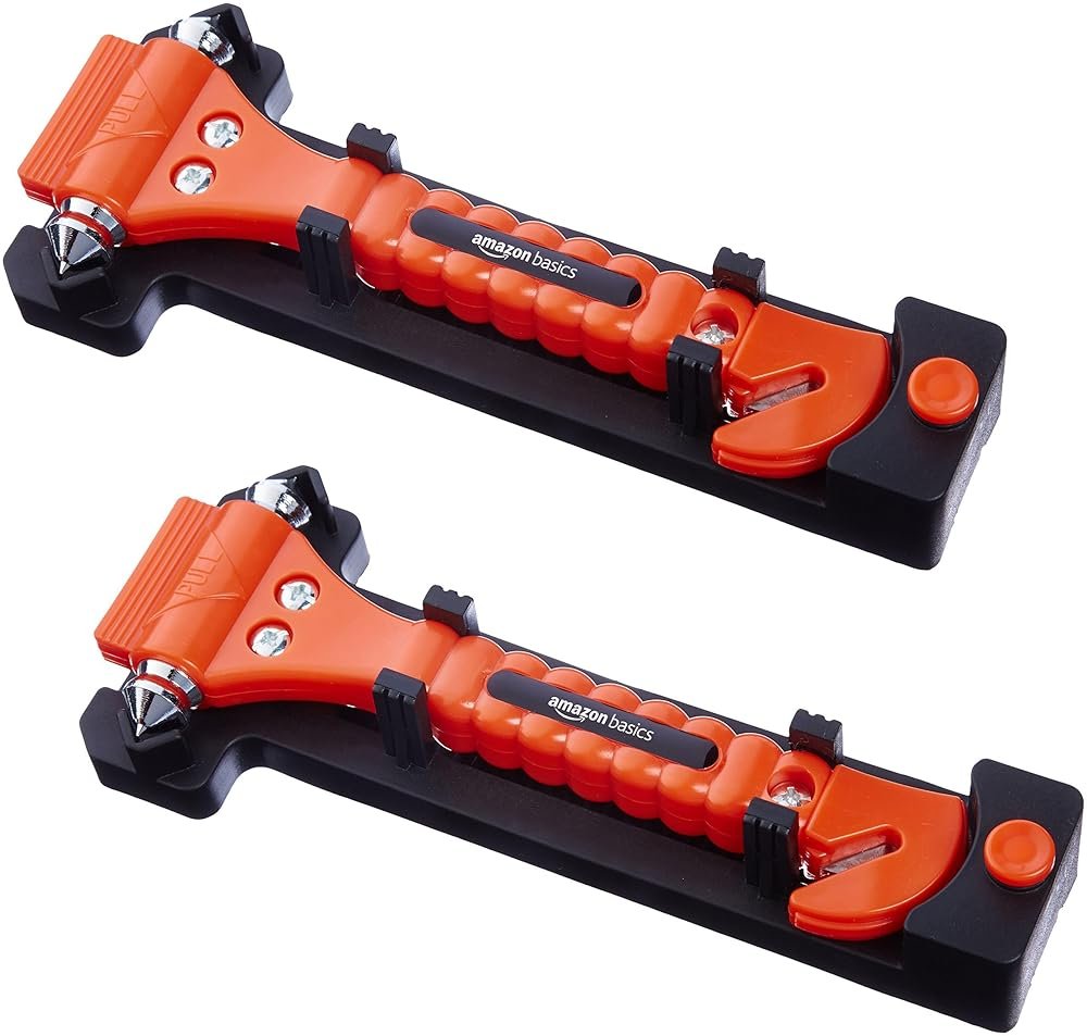 Amazon Basics Emergency Escape Tool, Window Breaker and Seatbelt Cutter, Car Safety Hammer with Protective Bracket, Bright Orange, 2 Pack, SW-835 - Product Image