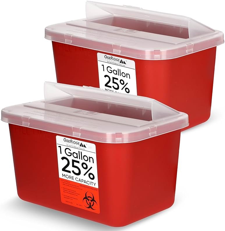 Oakridge Products Large Sharps Container for Home Use and Professional 1 Gallon (2-Pack), Biohazard Needle and Syringe Disposal, Pop Up Lid, CDC Certified - Product Image