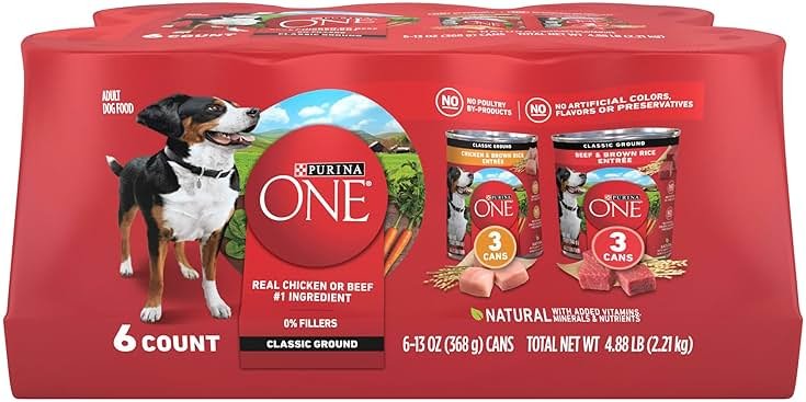 Purina ONE Classic Ground Chicken and Brown Rice, and Beef and Brown Rice Entrees Wet Dog Food Variety Pack - (Pack of 6) 13 oz. Cans - Product Image