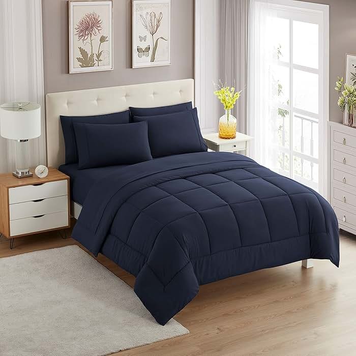 Sweet Home Collection 5 Piece Comforter Set Bag Solid Color All Season Soft Down Alternative Blanket & Luxurious Microfiber Bed Sheets, Navy, Twin - Product Image