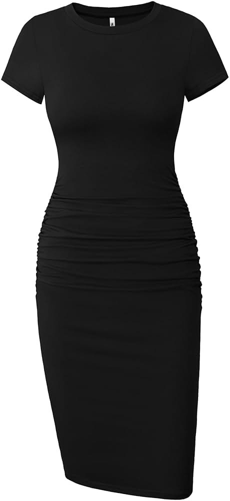 Missufe Women's Short Sleeve Ruched Casual Sundress Midi Bodycon T Shirt Dress - Product Image