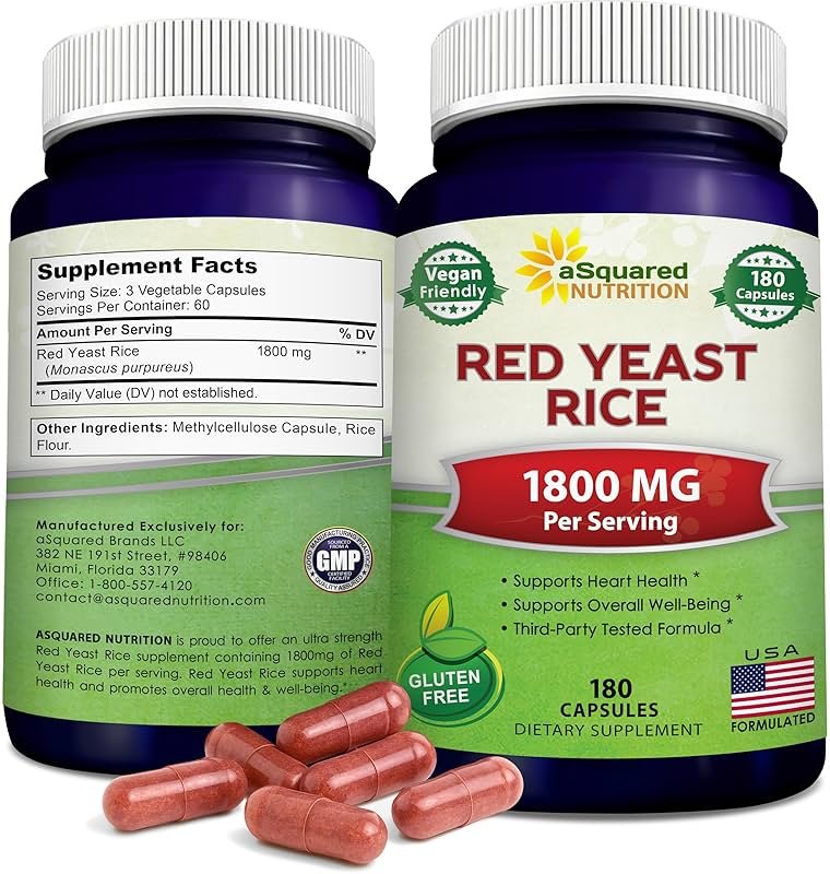 aSquared Nutrition Red Yeast Rice 1800mg - Dietary Supplement Vegan Powder Pills to Support Cardiovascular Health - 180 Veggie Capsules - Product Image