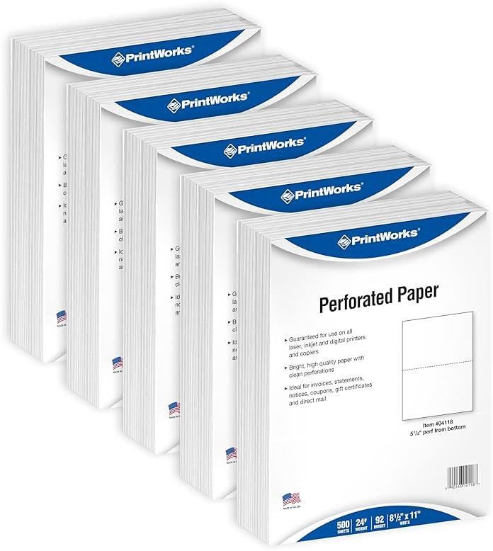 PrintWorks Professional Half Sheet Perforated Paper 8.5” x 11” - Perfect For W-2, 1099, & Statement Use - Made in the USA - 2500 Sheets - 20 lb - A5 Paper - Printer Compatible - White (04116C) - Product Image
