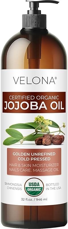 velona Jojoba Oil USDA Certified Organic - 32 fl oz (With Pump) | 100% Pure and Natural | Golden, Unrefined, Cold Pressed, Hexane Free | Moisturizing Face, Hair, Body, Skin Care - Product Image
