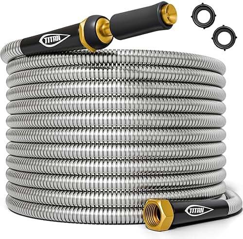 TITAN Garden Hose 75FT - 304 Stainless Steel Metal Water Hose, Flexible, Kink-Free, Lightweight, Durable, Crush Resistant Fittings, Easy to Coil, 500 PSI - Product Image