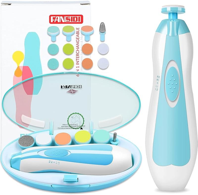 Fansidi Baby Nail Trimmer Electric, Easy & Safe Nail File for Newborn Infant Toddler, Whisper-Quiet Nighttime Use, 4-Stage Age-Matched Grinding Heads, LED Light, 18-Piece Kit, Blue, Baby Shower Gift - Product Image