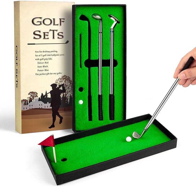 Juboury Mini Desktop Golf Pen Gift Set with Putting Green, Flag, 3 Golf Club Pens & 2 Balls - Product Image