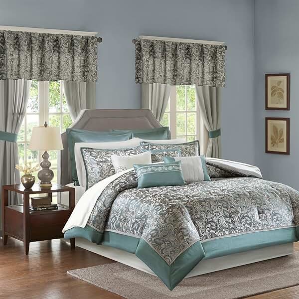 Madison Park 24 Piece Faux Silk Paisley Queen Comforter Set with Matching Curtains, Down Alternative Hypoallergenic - Teal, Queen (90 in x 90 in) - Product Image