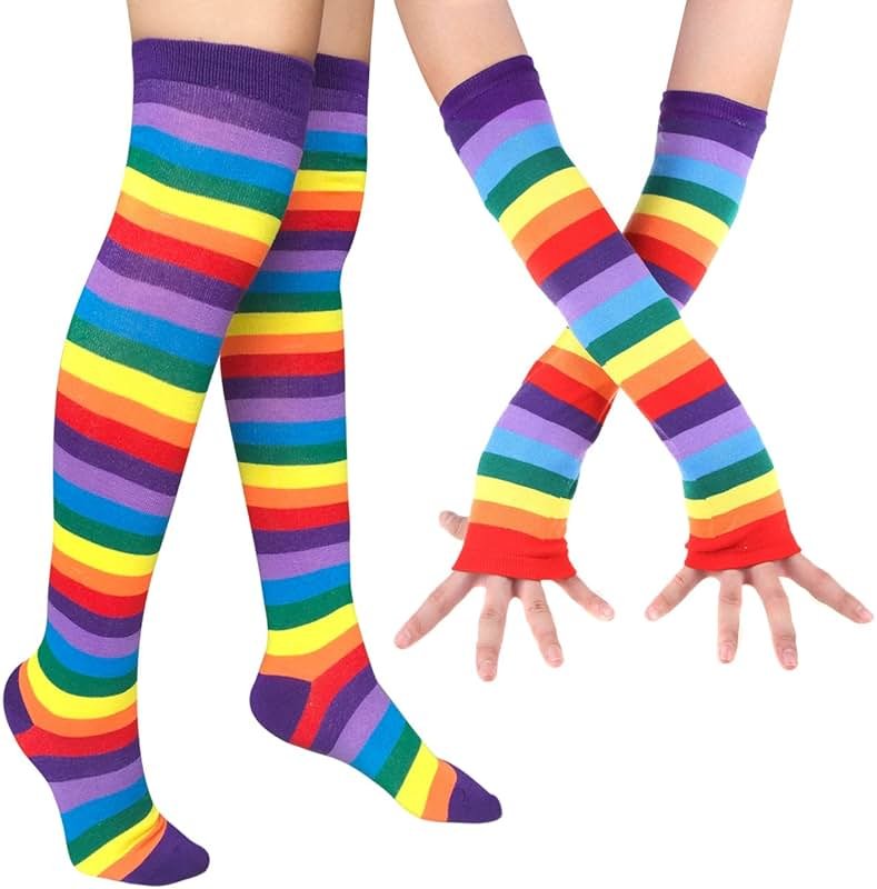 Chalier Womens Rainbow Socks Striped Knee High Socks Arm Warmer Fingerless Gloves Set - Product Image