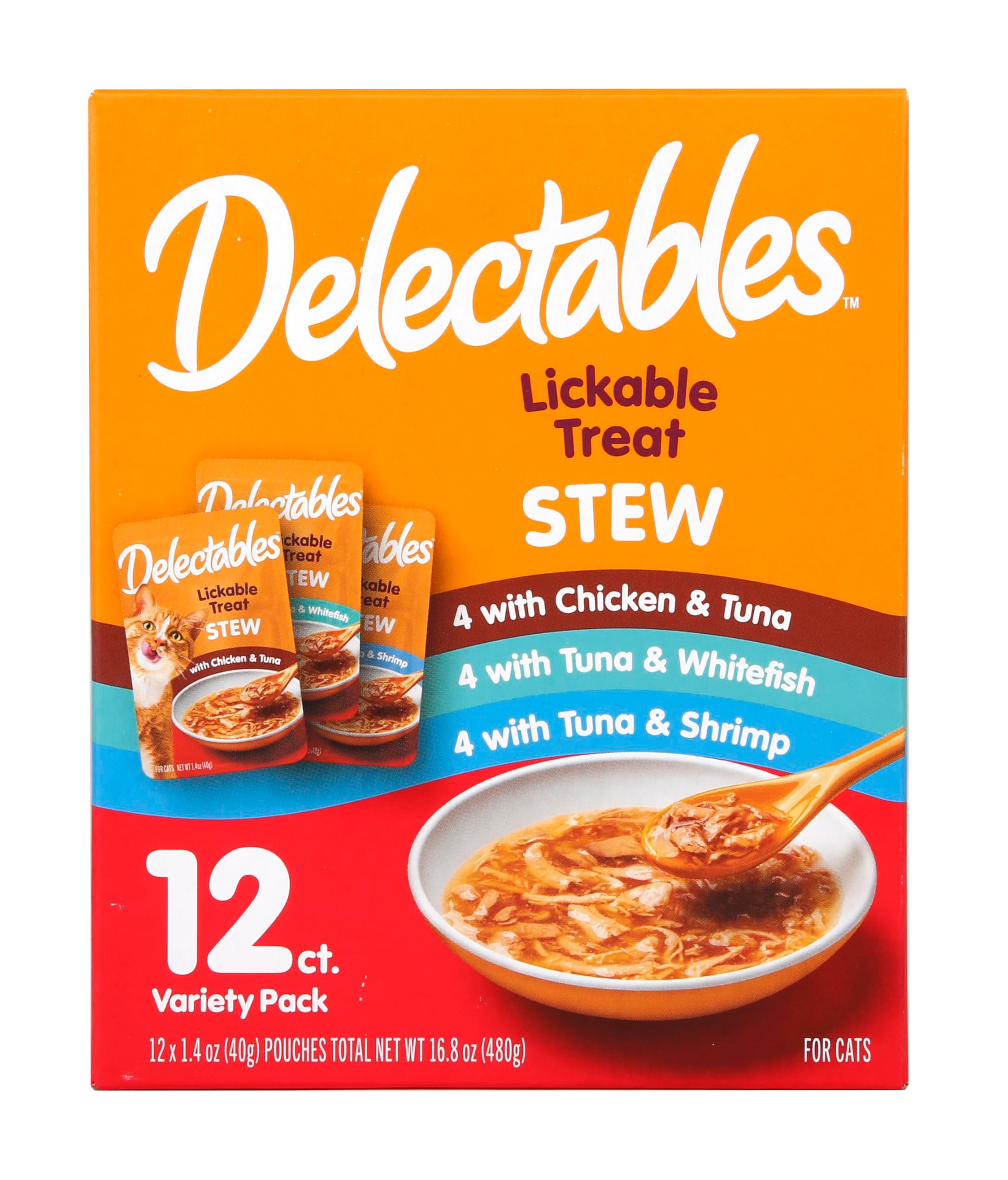 Delectables Lickable Treat Stew Wet Cat Treat Variety Pack, Food Topper, Hydrating, Grain-Free, No Fillers, No By-Products, No Added Preservatives, 1.4oz Pouch, 12ct - Product Image