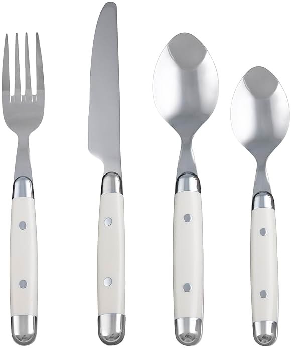Cambridge Silverware Set, Jubilee White 16-Piece Flatware Set, Service for 4, 18/0 Stainless Steel, Silver Mirror Finish Beige Handles, Knives Spoons and Forks set, Dishwasher Safe, (Beige, 16 Pieces) - Product Image