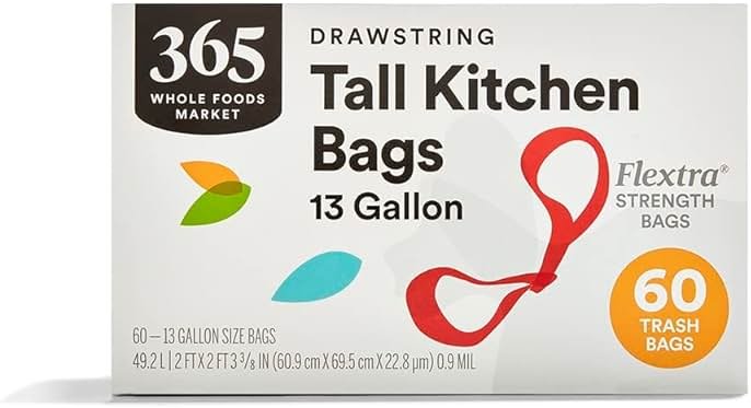 365 by Whole Foods Market, Flextra Strength Drawstring Tall Kitchen Trash Bags, 13 Gallon, 60 Count - Product Image