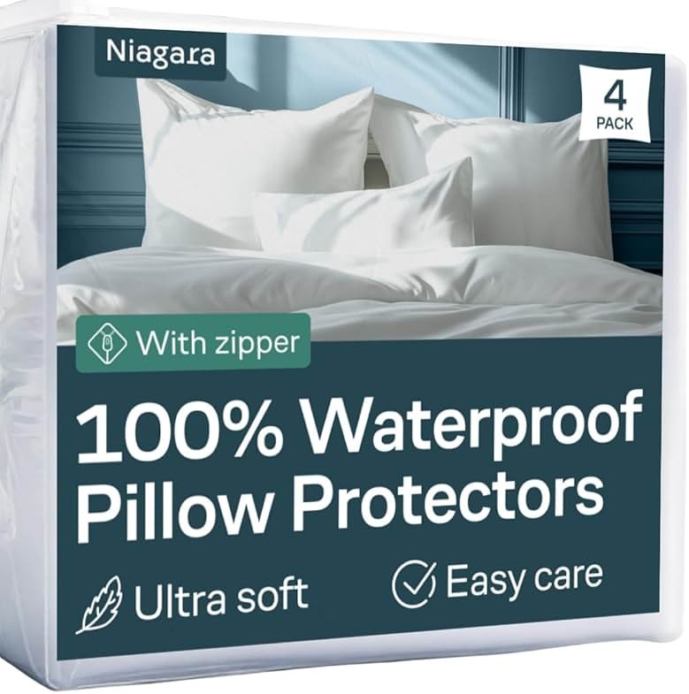 Niagara 4 Pack Waterproof Pillow Protectors Standard 20x26 Inches Smooth Zipper Premium Encasement Covers Quiet Cases Set White - Product Image