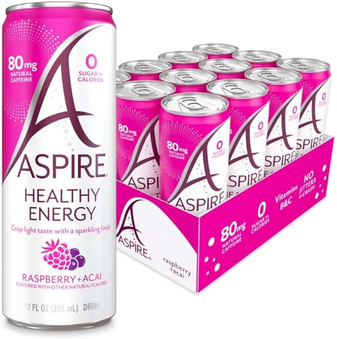 ASPIRE® Raspberry Acai, Healthy Energy Drink 80mg Natural Caffeine, Zero Sugar No Carbs Keto Friendly, 12 Pack Green Tea Sugar Free Drink Low Caffeine Zero Calorie - Product Image
