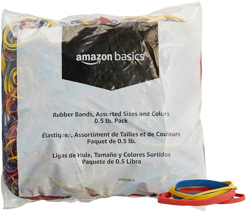 Amazon Basics Assorted Size and Color Rubber Bands, Strong Elastic Stretch Office Supplies, 0.5 lb. Variety Assortment - Product Image