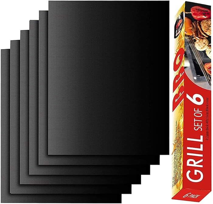 RENOOK Grill Mat Set of 6-100% Non-Stick Reusable Mats for Gas, Charcoal or Electric Grills - Easy to Clean - 15.75 x 13-Inch, Black - Product Image