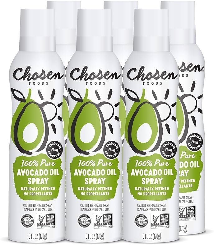 Chosen Foods 100% Pure Avocado Oil Spray 4.7 oz. (6 Pack), Non-GMO, 500° F Smoke Point, Propellant-Free, Air Pressure Only for High-Heat Cooking, Baking and Frying - Product Image