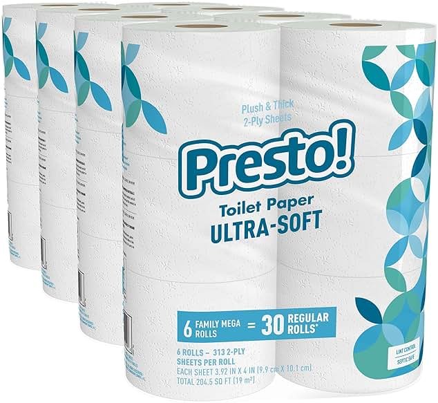 Amazon Brand - Presto! 2-Ply Ultra-Soft Toilet Paper, Septic-Safe, 24 Family Mega Rolls = 120 Regular Rolls, 308 Sheets, Unscented, Pack of 4 - Product Image