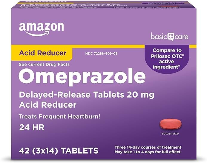 Amazon Basic Care Omeprazole Delayed Release Tablets 20 mg, Acid Reducer, treats frequent heartburn,, Cream, Regular, 42 Count (Pack of 1), 42 Count, - Product Image