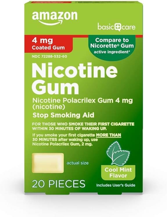Amazon Basic Care Nicotine Polacrilex Coated Gum, 4 mg, Cool Mint Flavor, Stop Smoking Aid, Quit Smoking, Reduce Withdrawal Symptoms, 20 Count - Product Image
