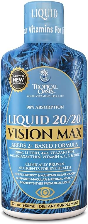 Liquid 20/20 Vision - Eye Vitamin Formula w/20mg Lutein, 4mg Zeaxanthin, 4mg Astaxanthin for Vision Support –Max Absorption- Great Taste & No Pills to Swallow– 32 Serv, 32oz - Product Image
