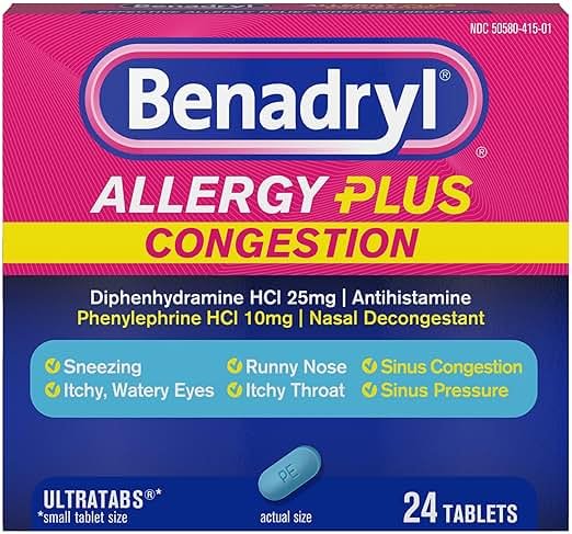 Benadryl Allergy Plus Congestion Ultratabs, Medicine with Diphenhydramine HCl Antihistamine & Phenylephrine HCl Nasal Decongestant, Allergy & Sinus Congestion Relief Tablets, 24 ct - Product Image