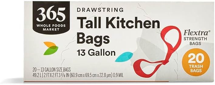 365 by Whole Foods Market, Flextra Strength Drawstring Tall Kitchen Trash Bags, 13 Gallon, 20 Count - Product Image