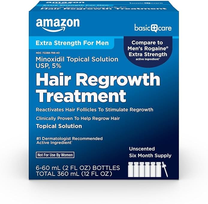 Amazon Basic Care Minoxidil Topical Solution USP, 5 Percent, Hair Regrowth Treatment for Men, Extra Strength, 12 Fluid Ounces - Product Image