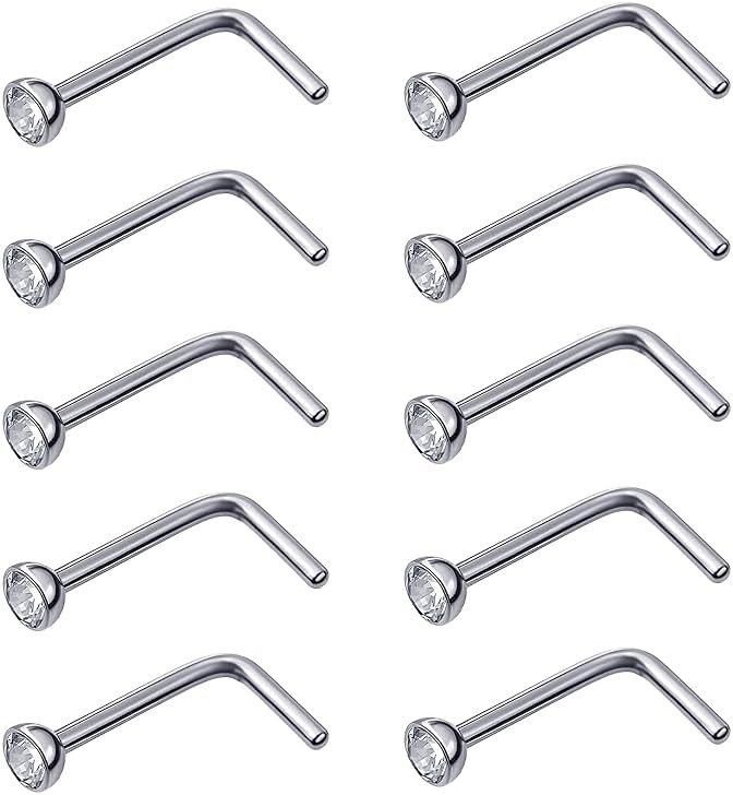 Mudder 20 Pieces Curved Nose Stud Stainless Steel Nose Ring Crystals L Bend Nose Screw Piercing, 20 Gauge - Product Image