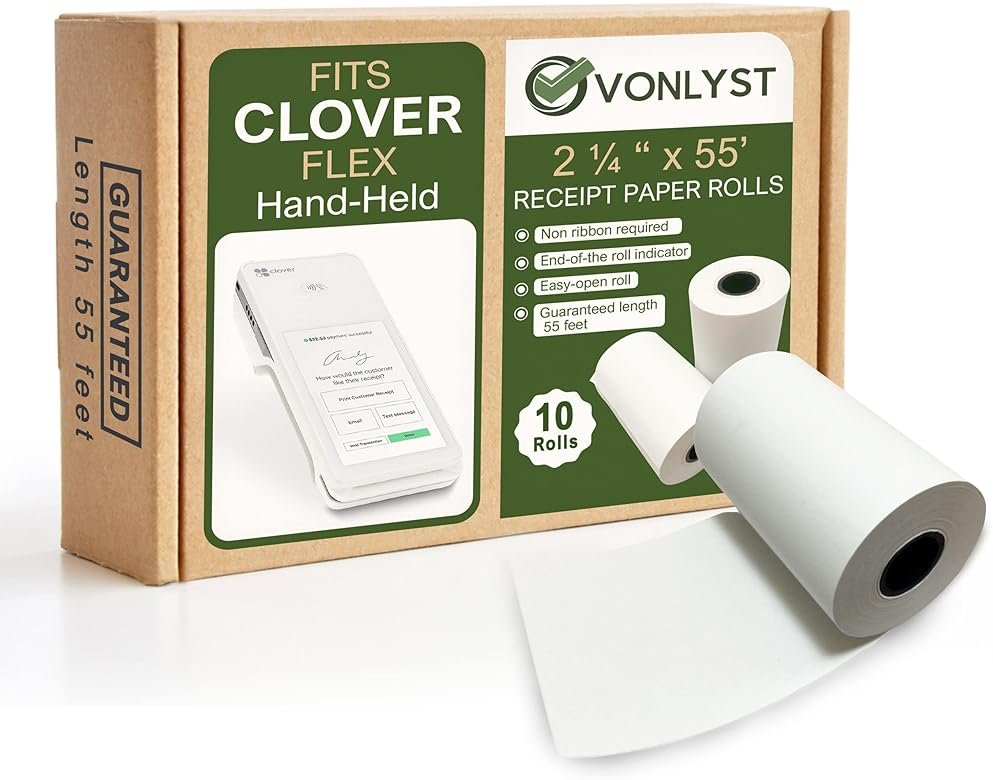 Vonlyst Clover Flex Paper Rolls 2 1/4" x 55’ Thermal Receipt Paper – 10 Rolls Pack - BPA Free POS Printer & Credit Card Machine Compatible C400 C401 C403 C405 C406 - Product Image