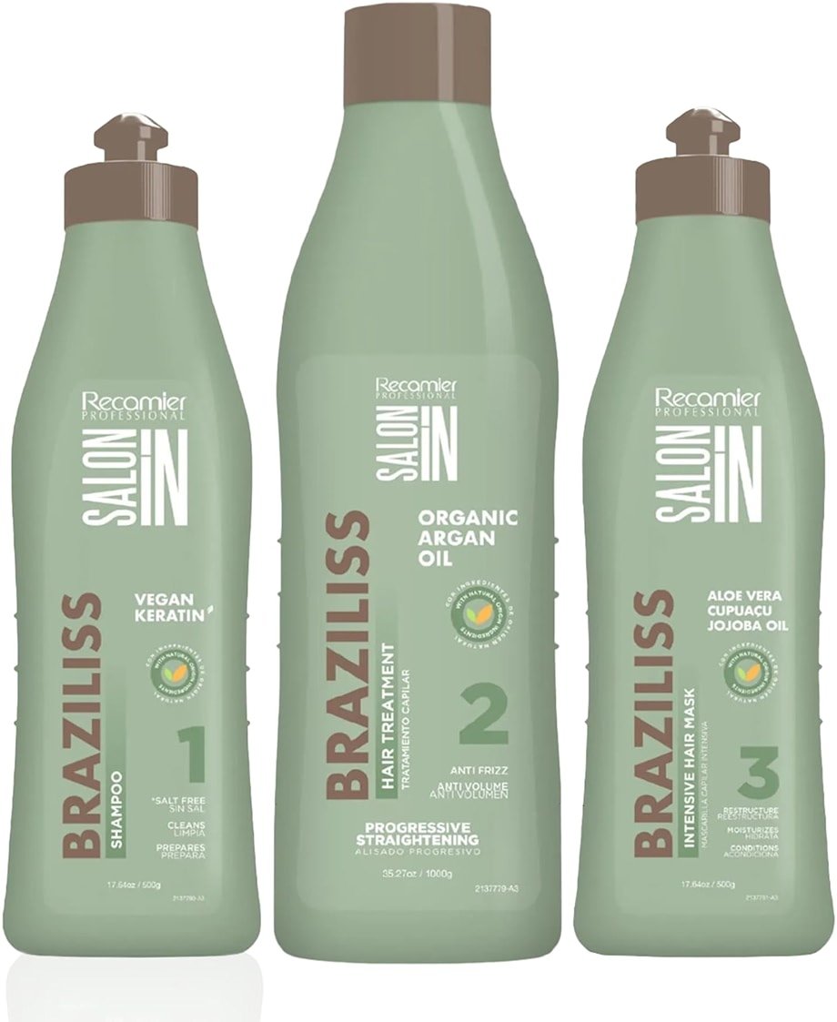 Salon In by Recamier | Braziliss 3 Steps Bundle - Clarifying Shampoo, Keratin Hair Treatment & Intensive Hair Mask | Progressive Smoothing and Anti-Frizz System (35.27 fl oz / 1000 g) - Product Image
