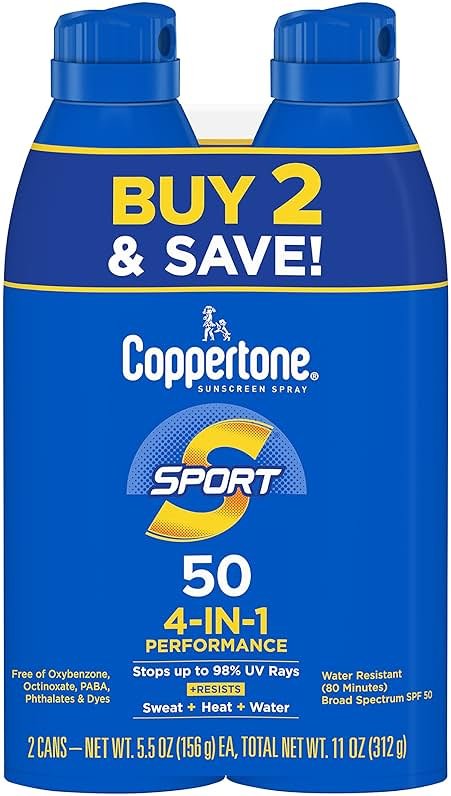 Coppertone Sport Sunscreen Spray SPF 50, Water Resistant Spray Sunscreen Pack, 5.5 Oz, Pack of 2 (Packaging May Vary) - Product Image