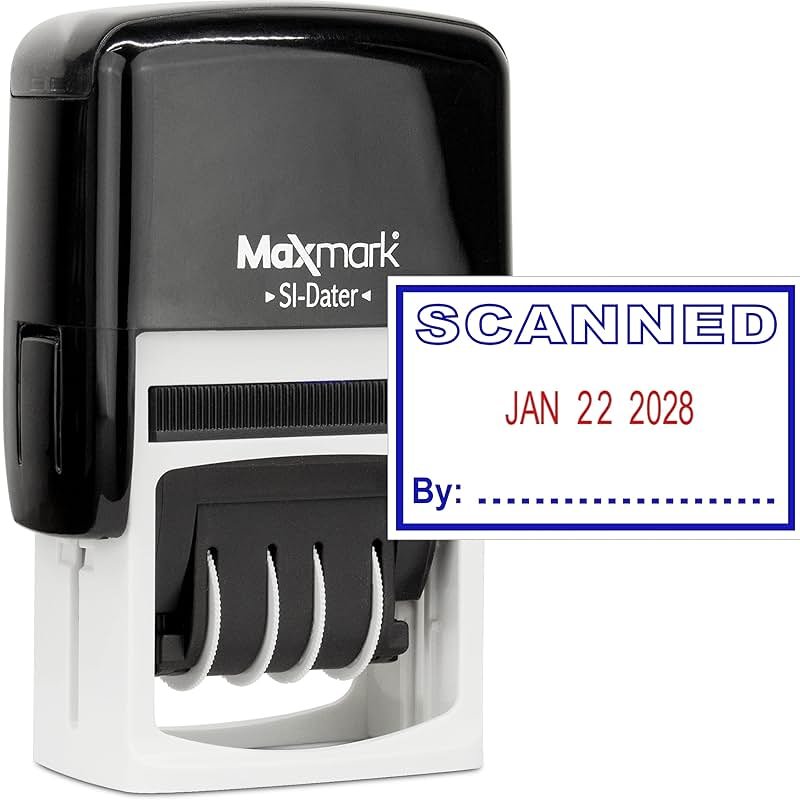 MaxMark Office Self Inking Date Stamp with Phrase Scanned - 2 Color Blue/Red Ink - Product Image