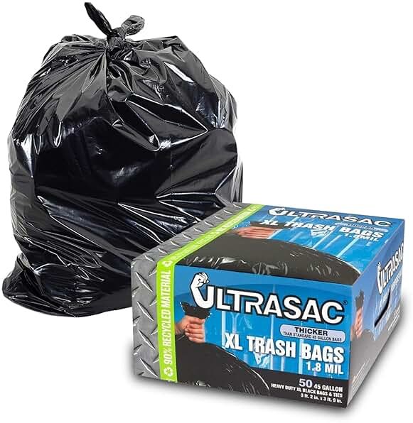 Ultrasac Heavy Duty 45 Gallon Trash Bags Huge 50 Count/w Ties) - 1.8 MIL - 38" x 45" - Large Black Plastic Garbage Bags for Contractor, Industrial, Home, Kitchen, Commercial, Yard, Lawn, Leaf - Product Image