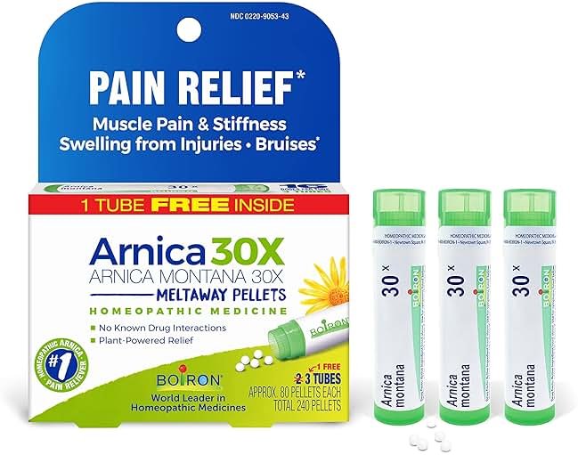 Boiron Arnica Montana 30X Homeopathic Medicine for Relief from Muscle Pain, Muscle Stiffness, Swelling from Injury, and Discoloration from Bruises - 3 Count (240 Pellets) - Product Image