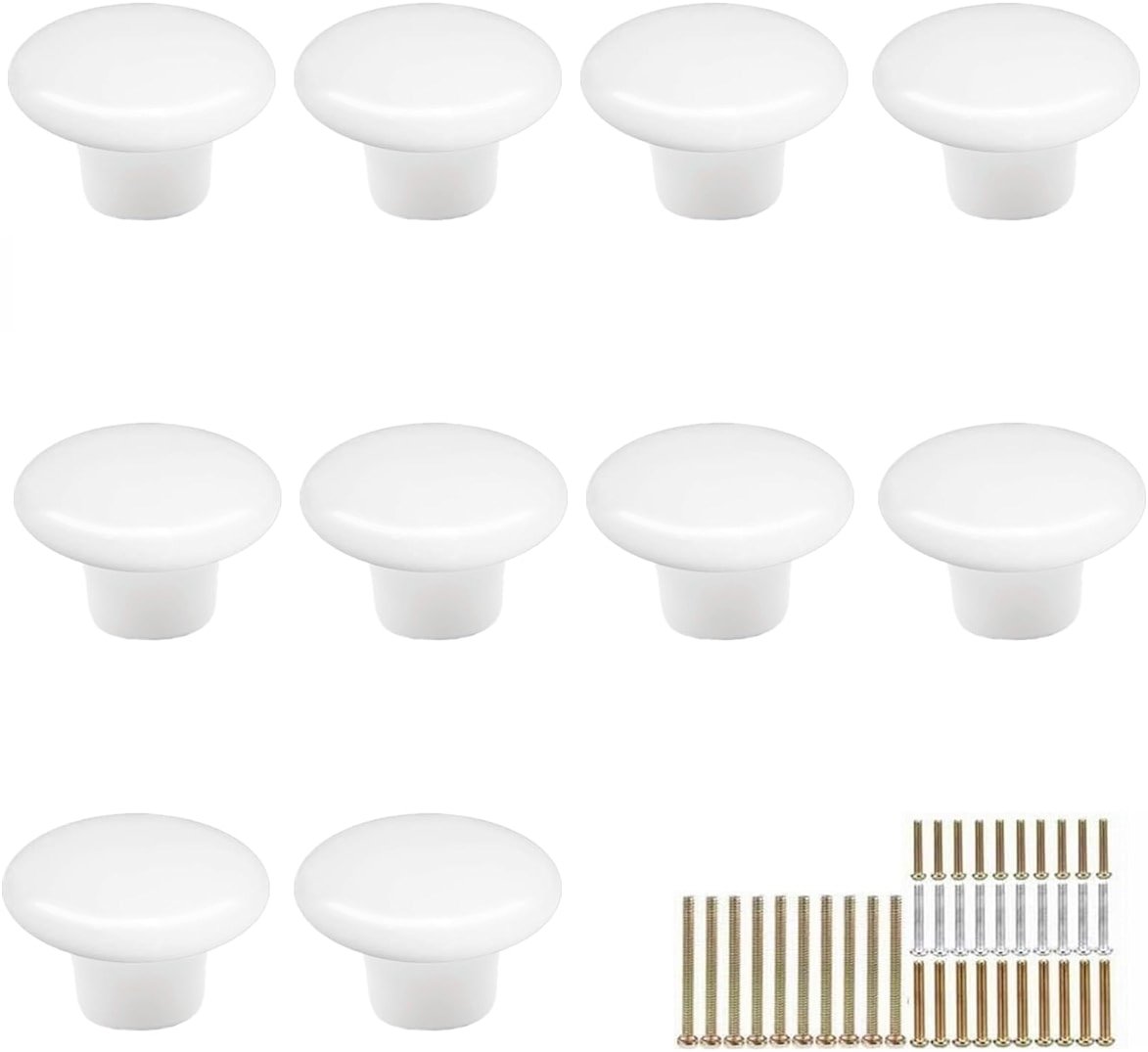 MARSTREE 10 Pack White Ceramic Cabinet Knobs Vintage Round Drawer Cupboard Dresser Wardrobe Closet Door Knobs Pull Handles Kitchen Cabinet Knobs with Long Short Screws - Product Image