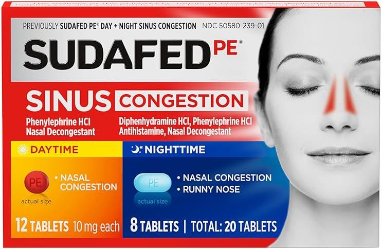 Sudafed PE Sinus Congestion Day + Night Maximum Strength Decongestant & Antihistamine Tablets with Phenylephrine HCl & Diphenhydramine HCl, Helps Nasal & Sinus Pressure & Congestion, 20 ct - Product Image