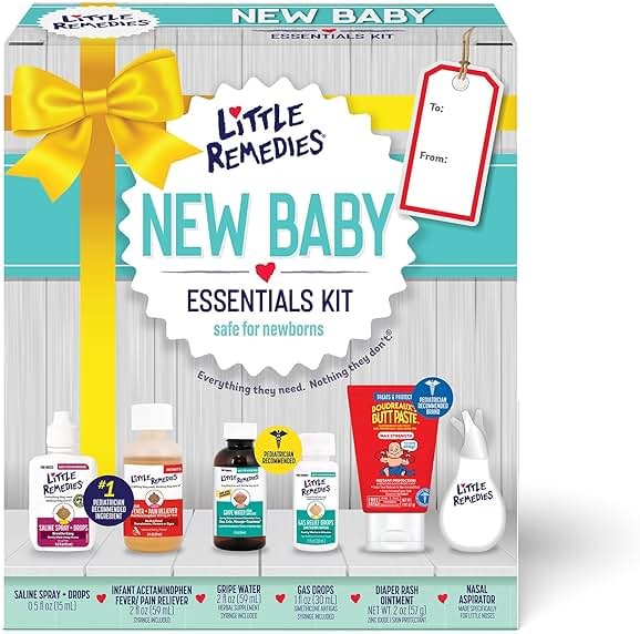 Little Remedies New Baby Essentials Kit with Saline Nasal Spray, Diaper Rash Cream, Gas Relief Drops, Gripe Water & More, Safe for Newborns - Product Image