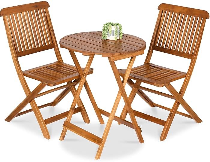 Best Choice Products 3-Piece Acacia Wood Bistro Set, Folding Patio Furniture for Backyard, Balcony, Deck w/ 2 Chairs, Round Coffee Table, Teak Finish - Natural - Product Image