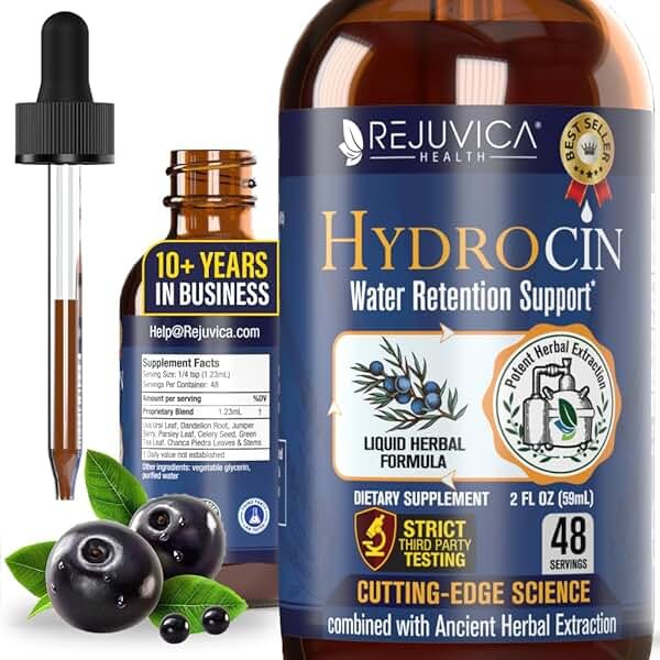 Rejuvica Health Hydrocin Liquid Diuretic Supplement – Water Retention Support with Dandelion, Uva Ursi, Juniper Berry, Celery Seed & Green Tea – Fast Absorption Alcohol-Free Drops - Product Image