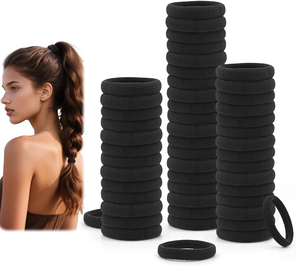Dreamlover Soft Stretch Black Hair Ties for Thick Hair, Ouchless No Damage Ponytail Holders, Gentle on Hair, Elastic Hair Bands for Women & Girls, 50 Pieces - Product Image