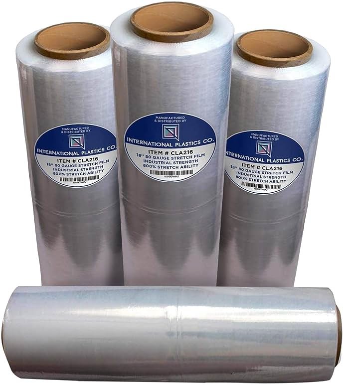 International Plastics Co. 18" Stretch Film/Wrap 1500 feet 7 Layers 80 Gauge Industrial Strength up to 800% Stretch 20 Microns Clear Durable Adhering Packing Moving Heavy Duty Shrink Film Box of 4 - Product Image