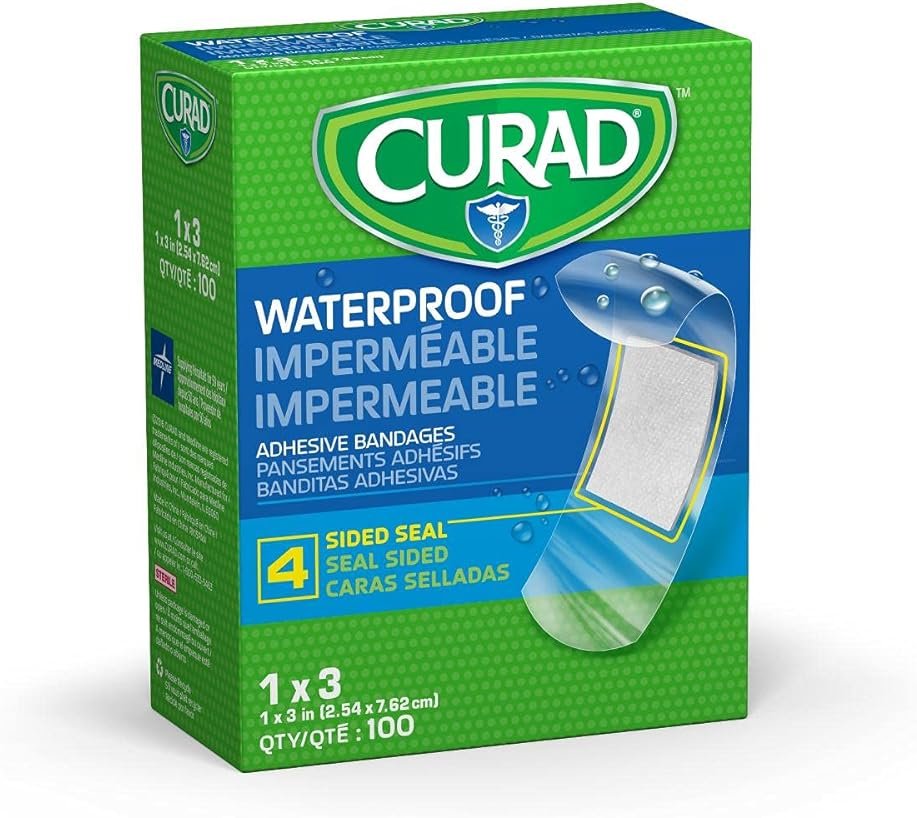 CURAD Plastic Waterproof Adhesive Bandage for First Aid, Stays on in the Pool, Holds for 12 Hours, Bandages for Fingers & Elbows, Sterile,1 x 3 Inches, 100 Count - Product Image